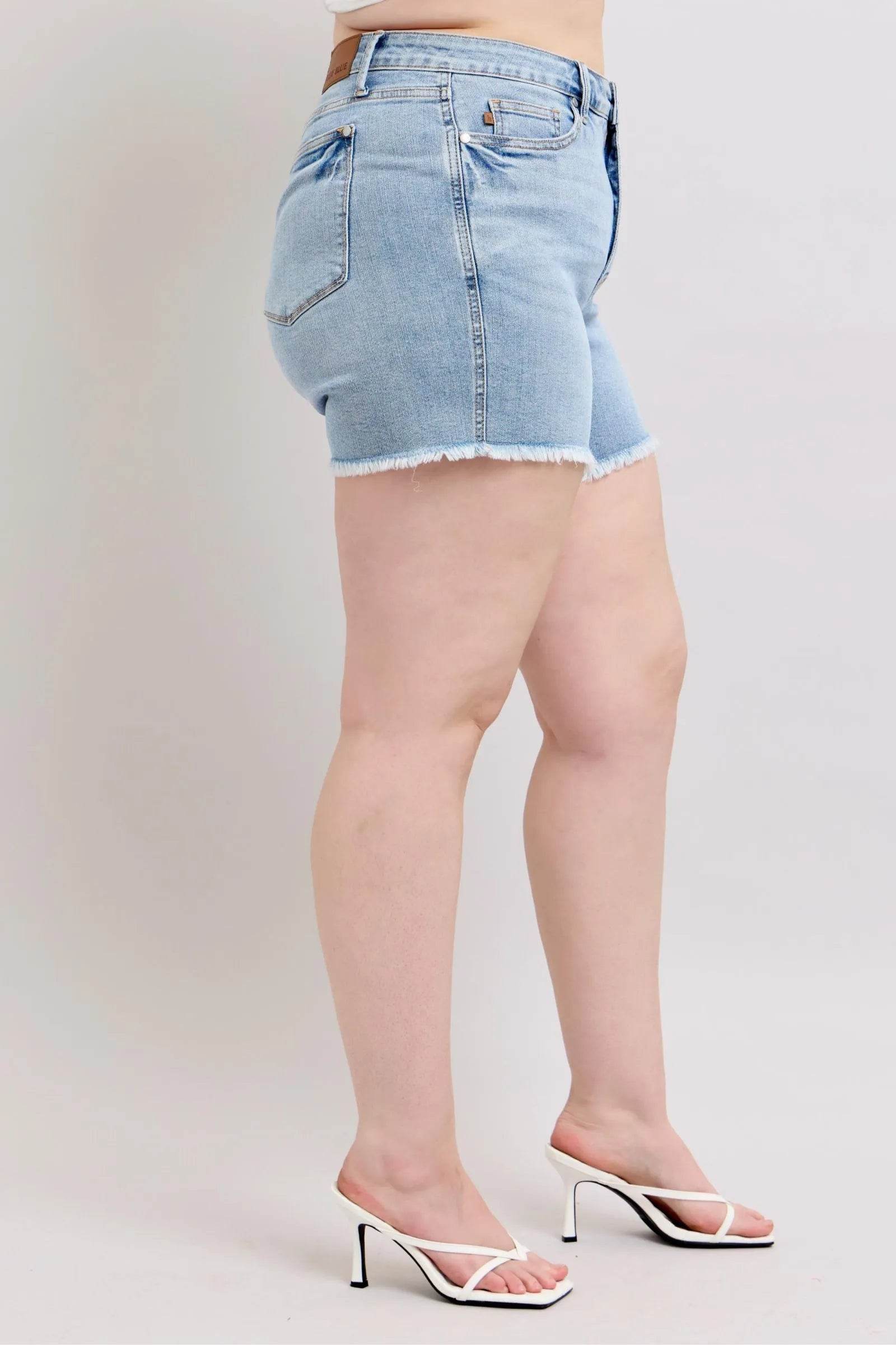 Judy Blue Full Size Tummy Control Raw Hem Denim Shorts Plus Size - Bona Fide Fashion