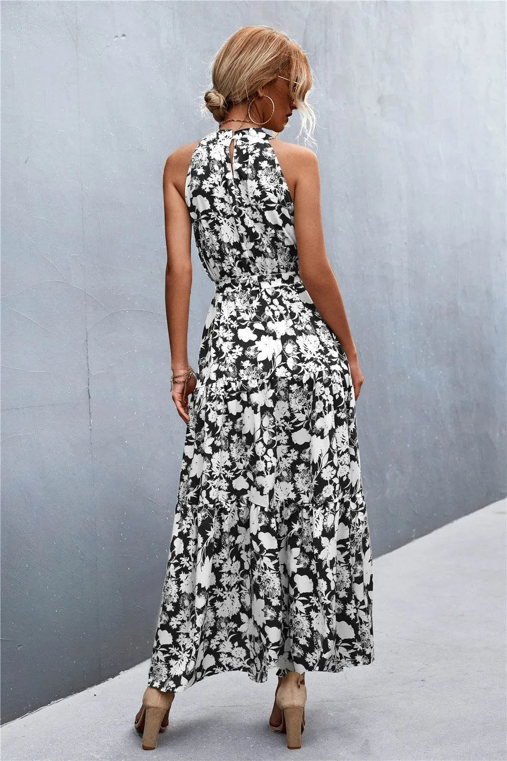 Printed Sleeveless Tie Waist Maxi Dress - Bona Fide Fashion