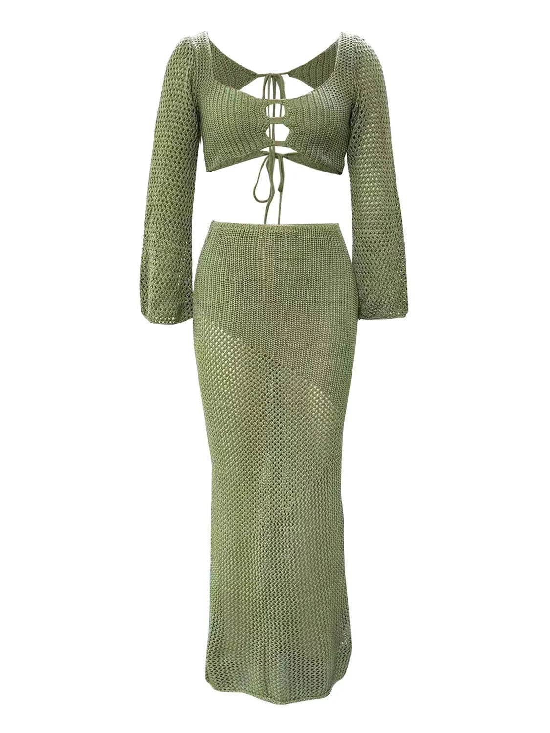 Tied Long Sleeve Top and Skirt Cover Up Set - Bona Fide Fashion