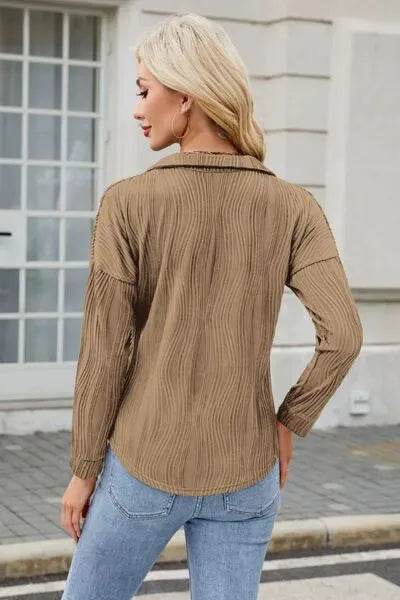 Texture Collared Neck Long Sleeve Blouse - Bona Fide Fashion