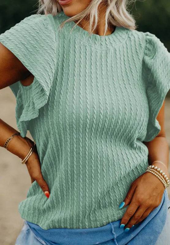 Textured Round Neck Flounce Sleeve Blouse - Bona Fide Fashion