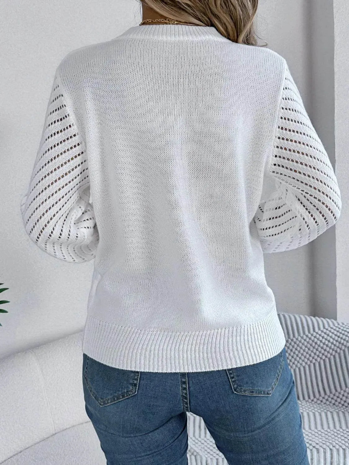 Openwork Round Neck Long Sleeve Knit Top - Bona Fide Fashion