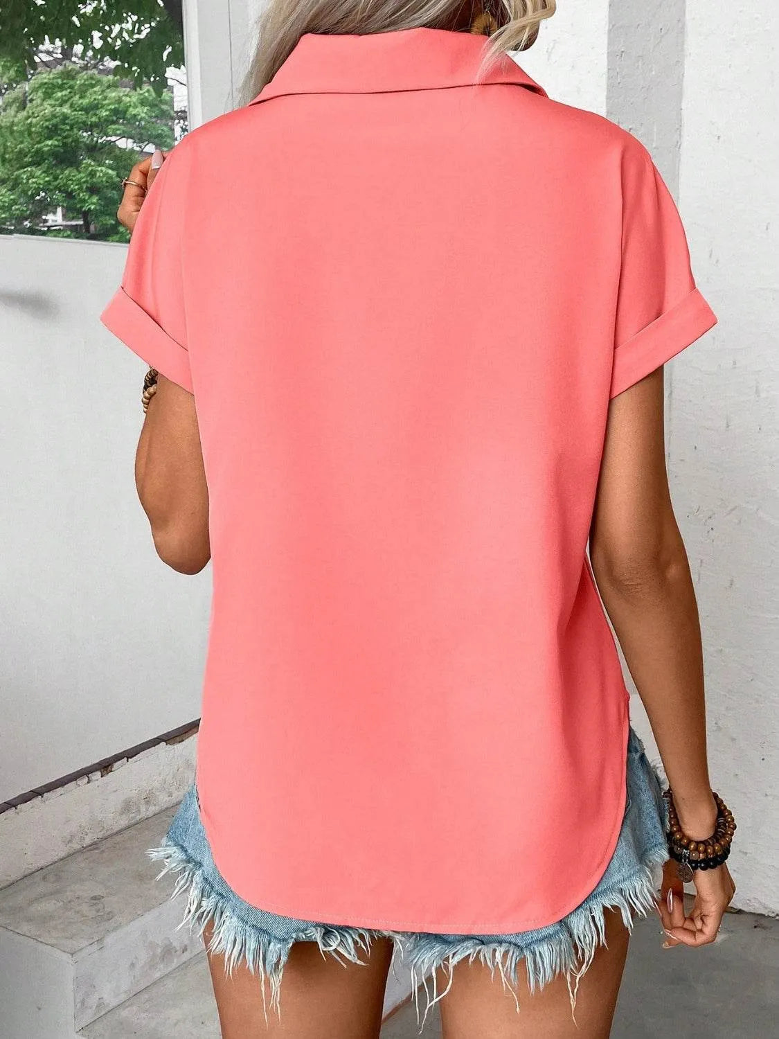 Pleated Detail Collared Neck Short Sleeve Shirt - Bona Fide Fashion