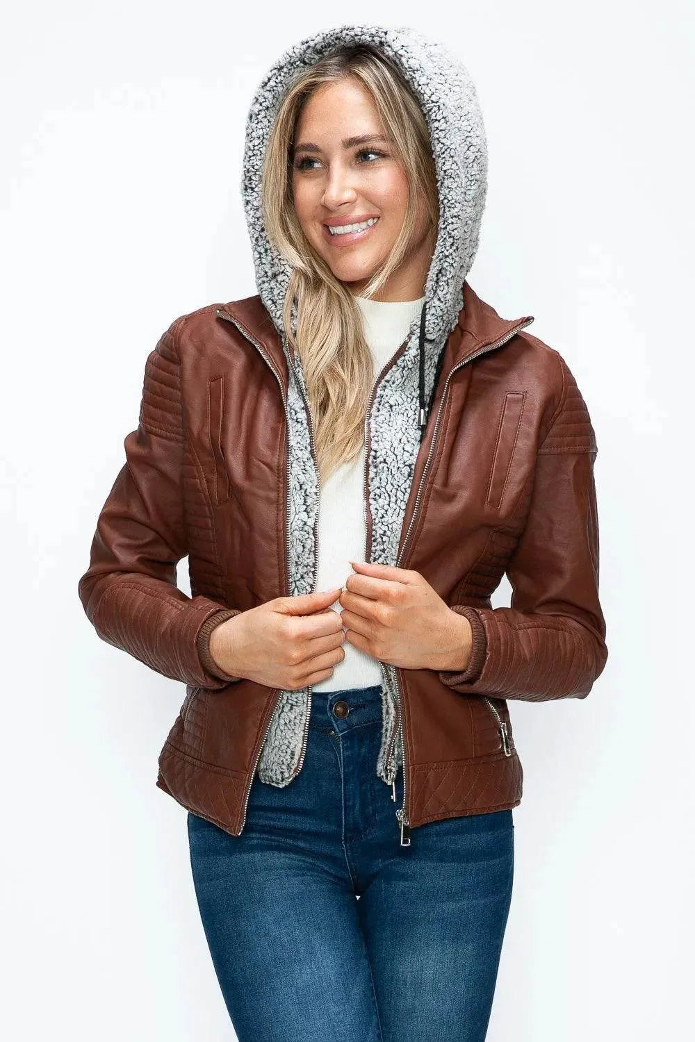 YMI Faux Layered Double-Zipper Jacket with Fuzzy Hood - Bona Fide Fashion