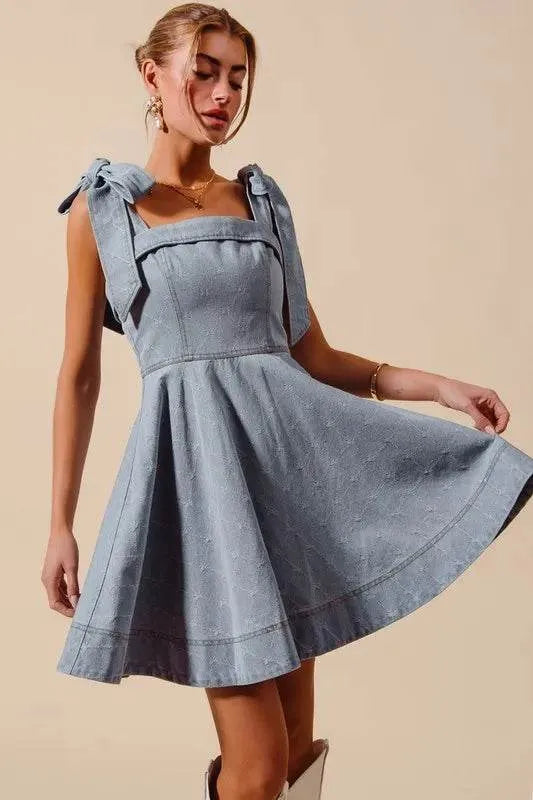 SO ME A Line Fit and Flare Diamond Bow Ribbon Denim Dres - Bona Fide Fashion