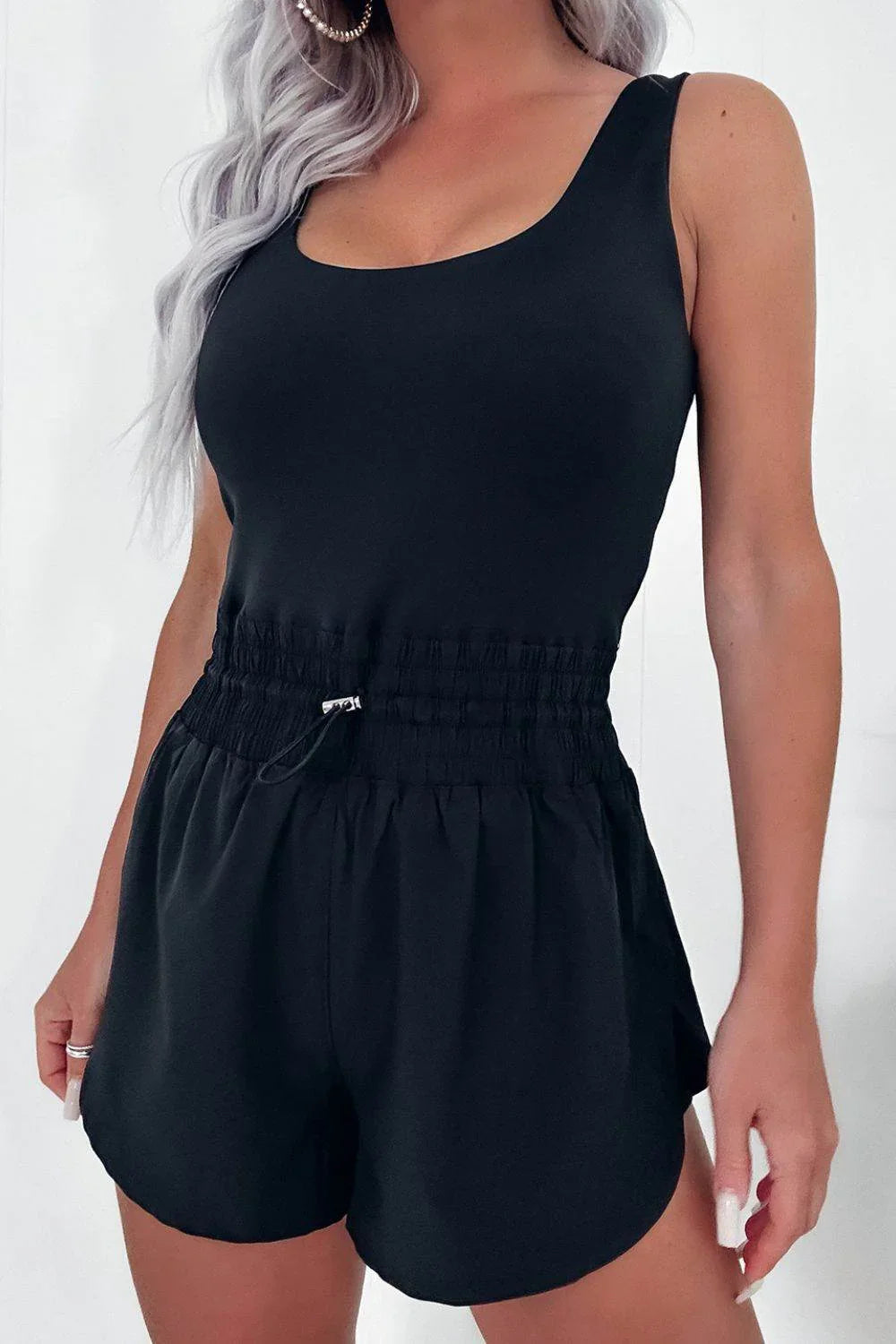 Drawstring Waist Scoop Neck Romper - Bona Fide Fashion