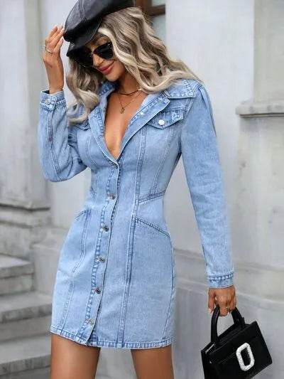 Collared Neck Button Up Denim Dress - Bona Fide Fashion