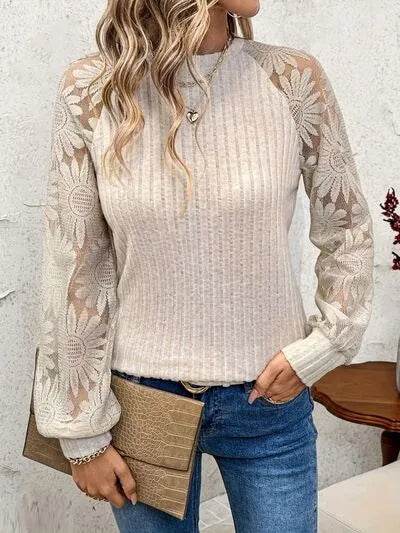 Round Neck Lace Patchwork Long Sleeve Top - Bona Fide Fashion