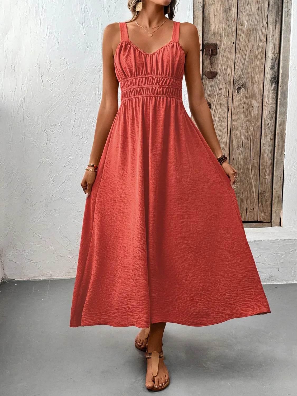 V-Neck Wide Strap Midi Cami Dress - Bona Fide Fashion