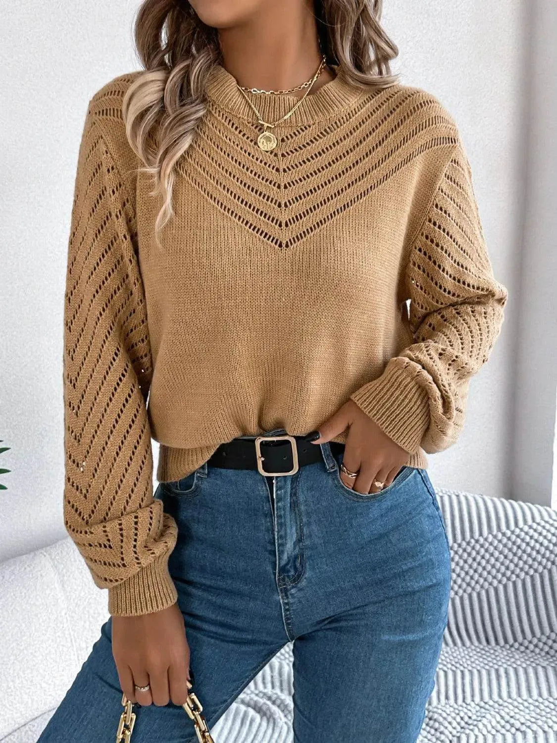 Openwork Round Neck Long Sleeve Knit Top - Bona Fide Fashion