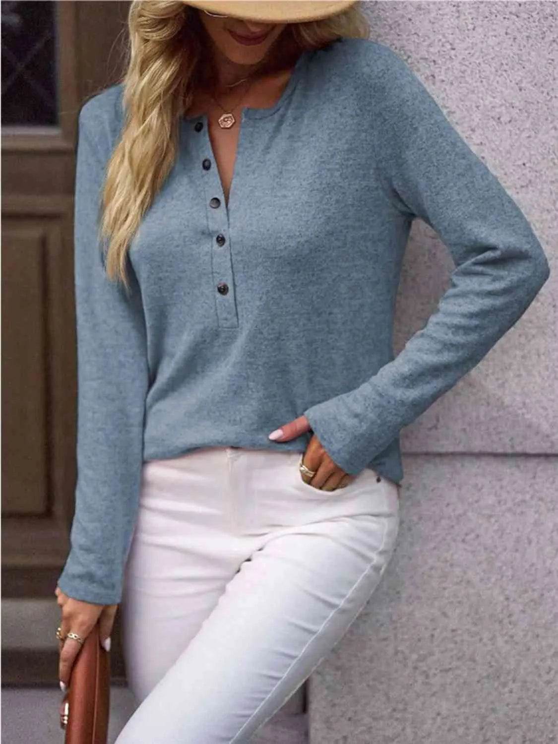 Round Neck Buttoned Long Sleeve T-Shirt - Bona Fide Fashion