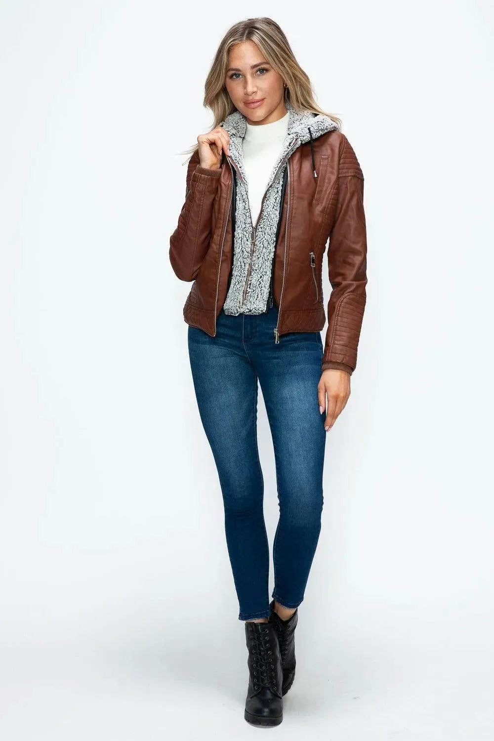 YMI Faux Layered Double-Zipper Jacket with Fuzzy Hood - Bona Fide Fashion