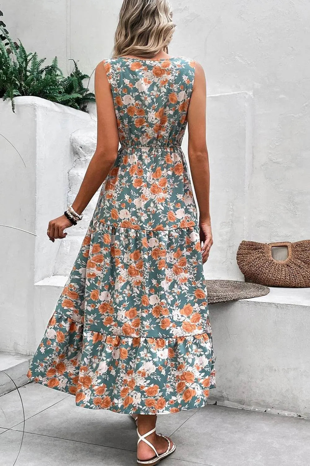 Floral Print Trimmed V Neck Tie Waist Sleeveless Dress - Bona Fide Fashion