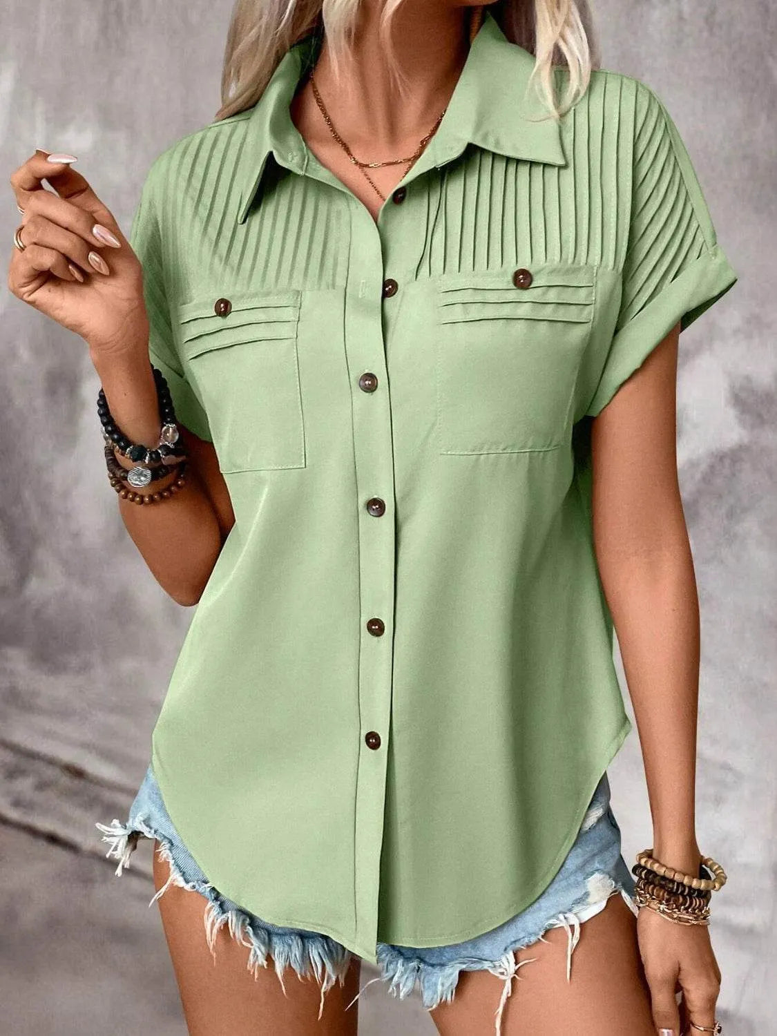 Pleated Detail Collared Neck Short Sleeve Shirt - Bona Fide Fashion