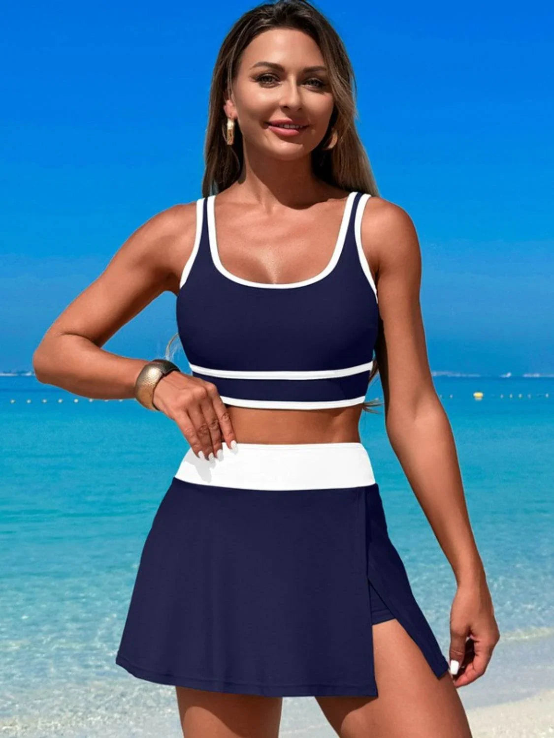 Scoop Neck Top and Skort Swim Set - Bona Fide Fashion