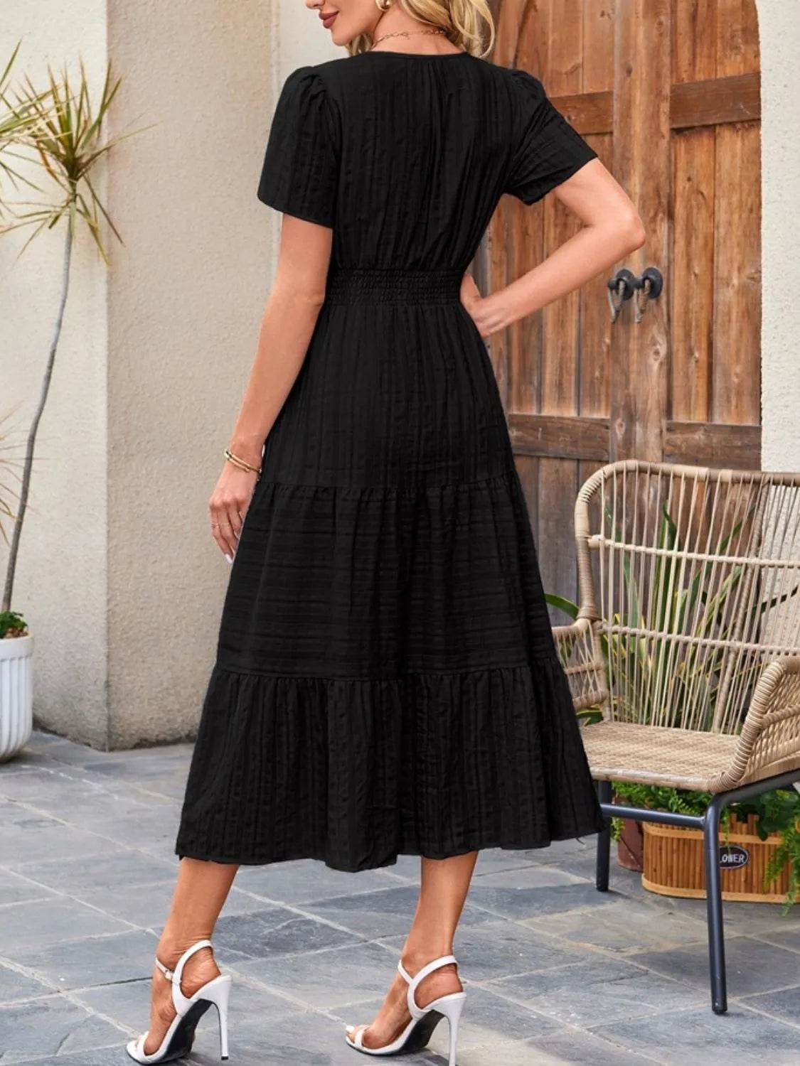 Tiered Notched Short Sleeve Dress - Bona Fide Fashion