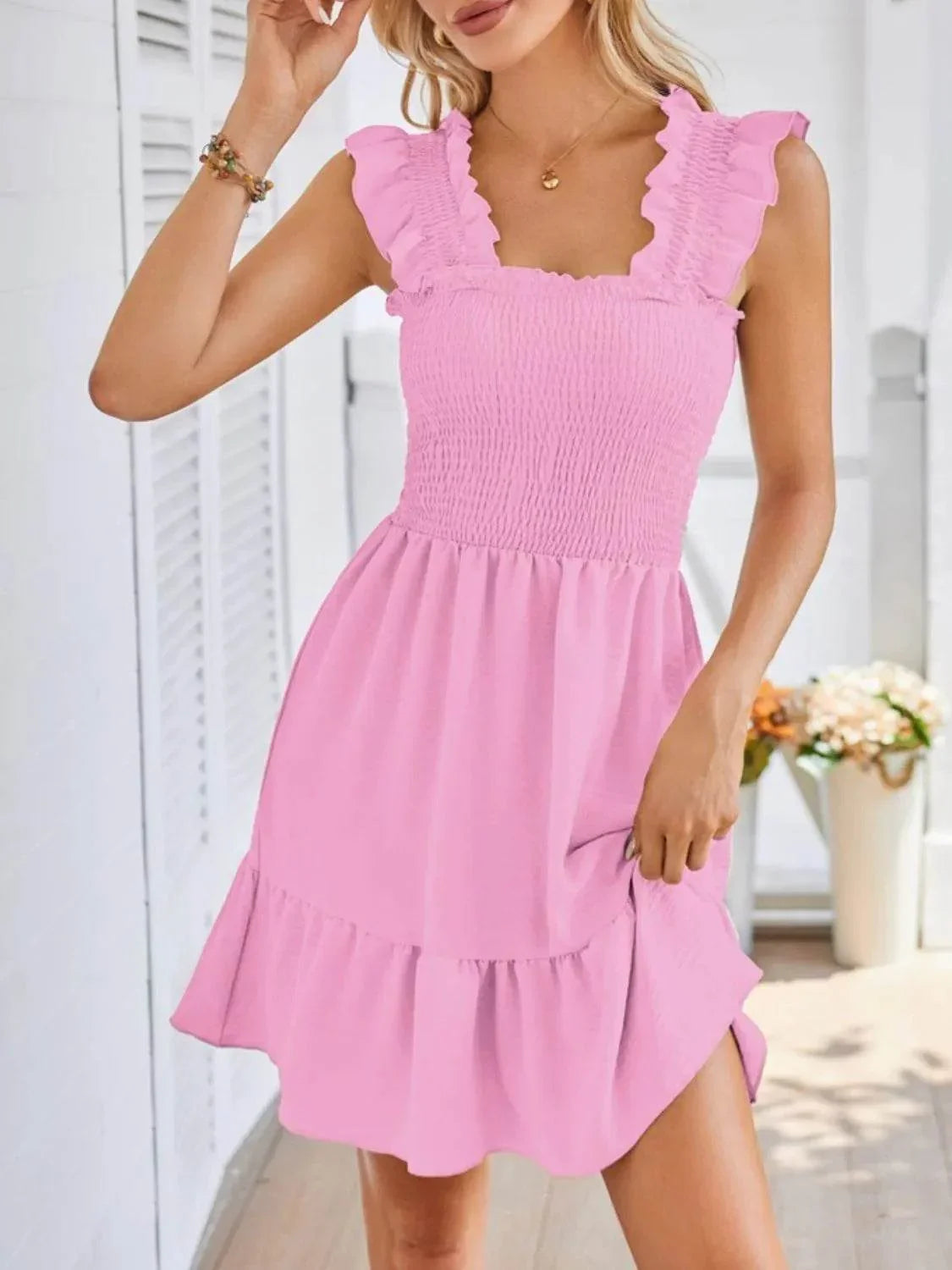 Smocked Square Neck Wide Strap Dress - Bona Fide Fashion