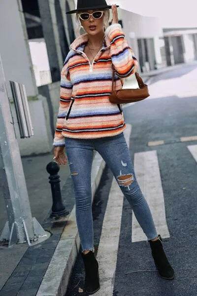 Striped Quarter Zip Dropped Shoulder Sweatshirt - Bona Fide Fashion