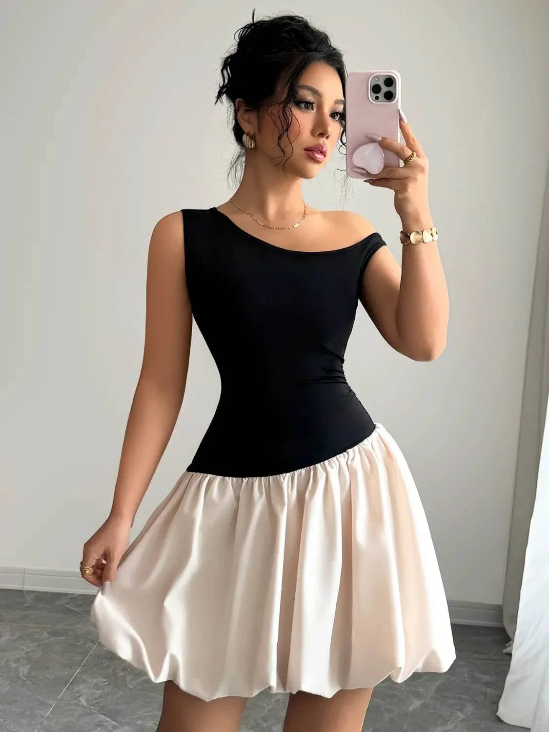 Contrast Single Shoulder Mini Tank Dress - Bona Fide Fashion