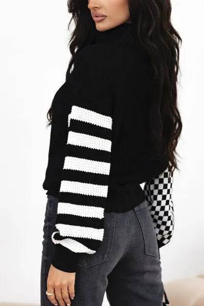 Striped & Checkered Turtleneck Dropped Shoulder Sweater - Bona Fide Fashion