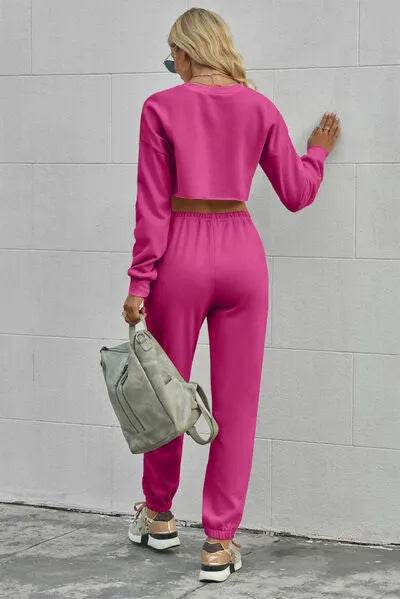 Round Neck Long Sleeve Cropped Top and Pants Set - Bona Fide Fashion