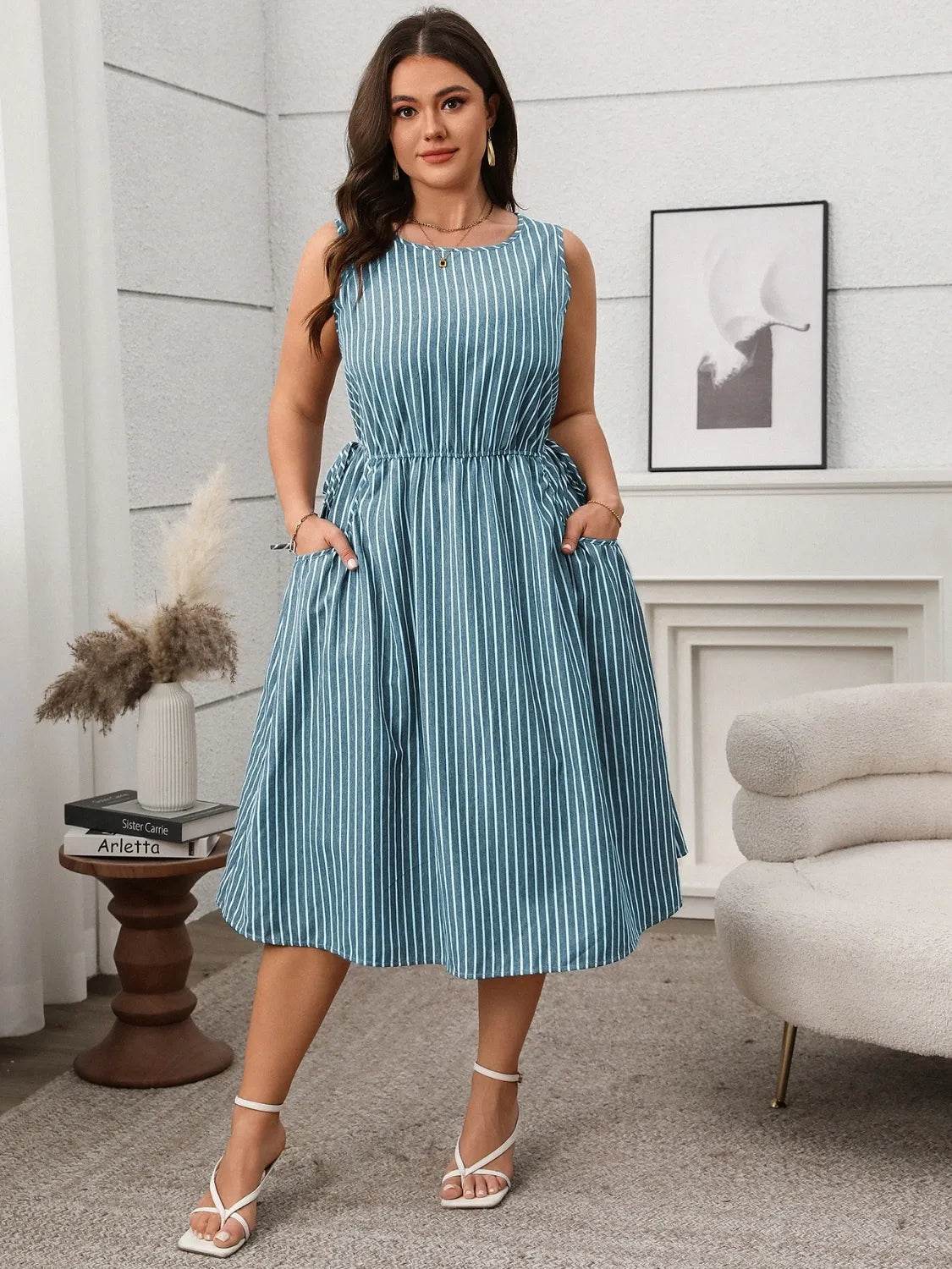 Plus Size Striped Round Neck Sleeveless Dress - Bona Fide Fashion