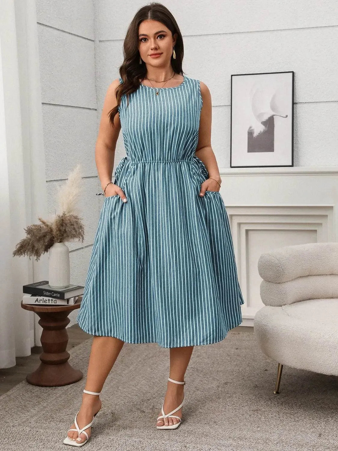Plus Size Striped Round Neck Sleeveless Dress - Bona Fide Fashion