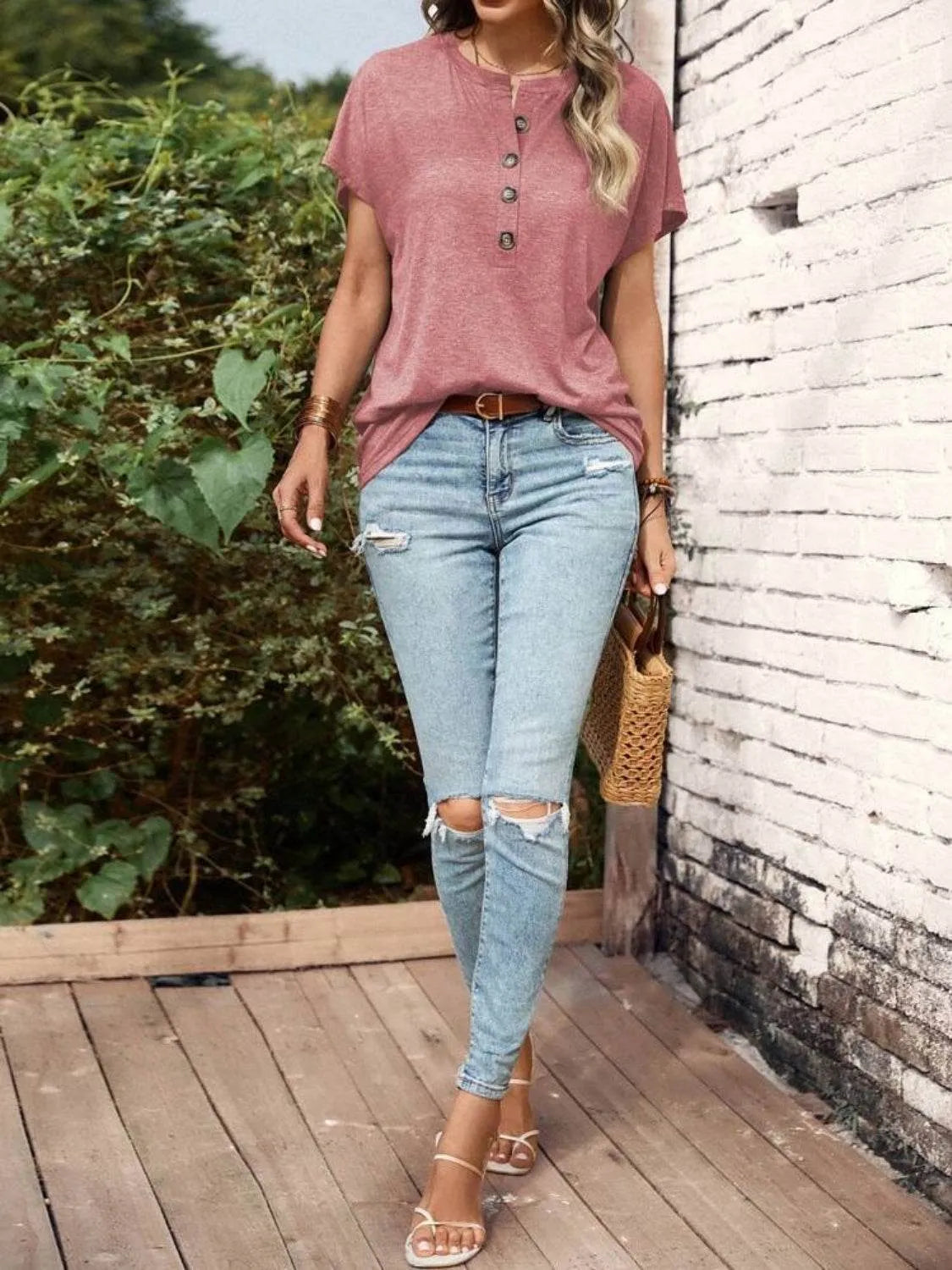 Half Button Short Sleeve Top - Bona Fide Fashion
