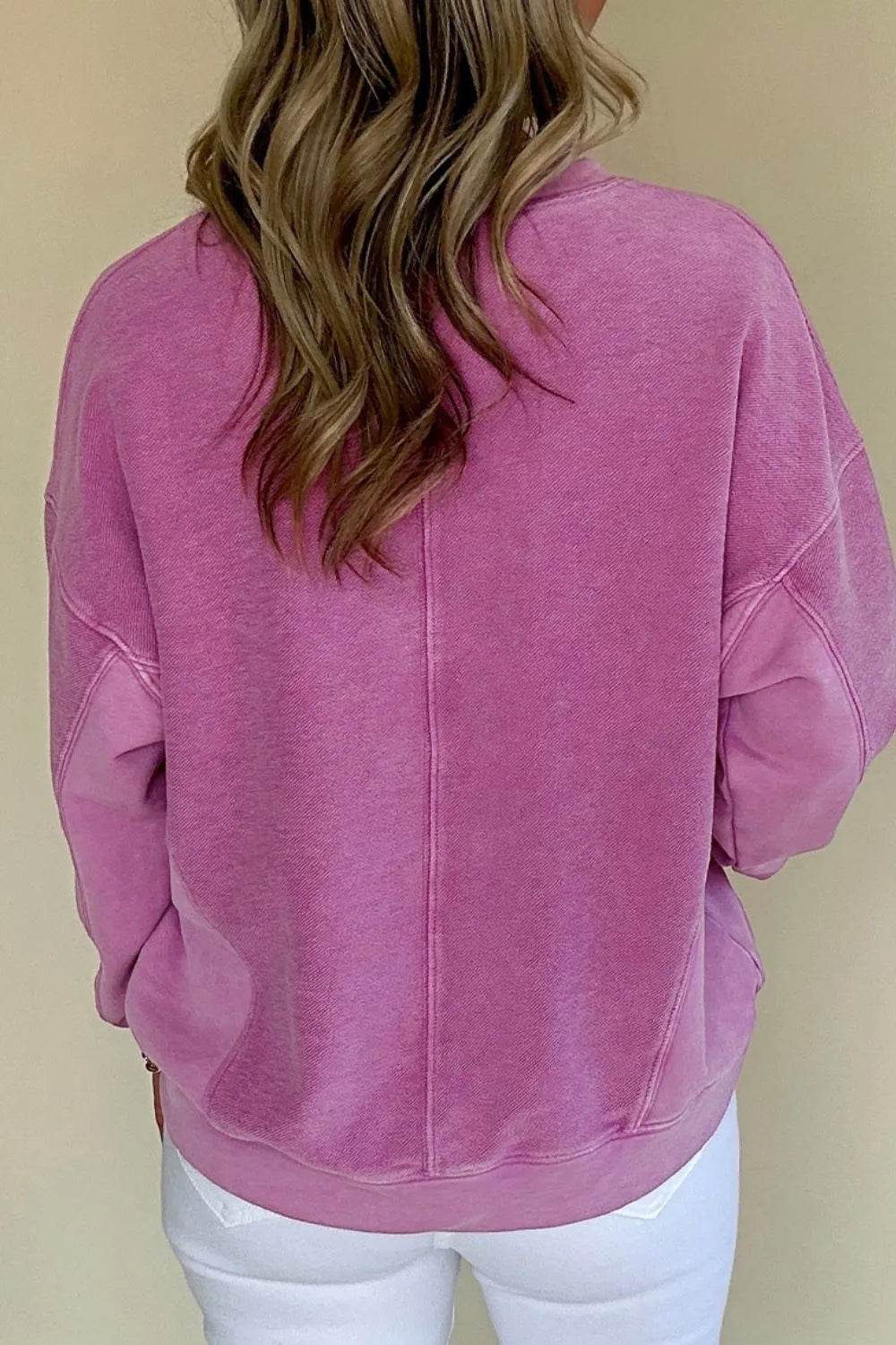 Notched Drop Shoulder Long Sleeve Sweatshirt - Bona Fide Fashion