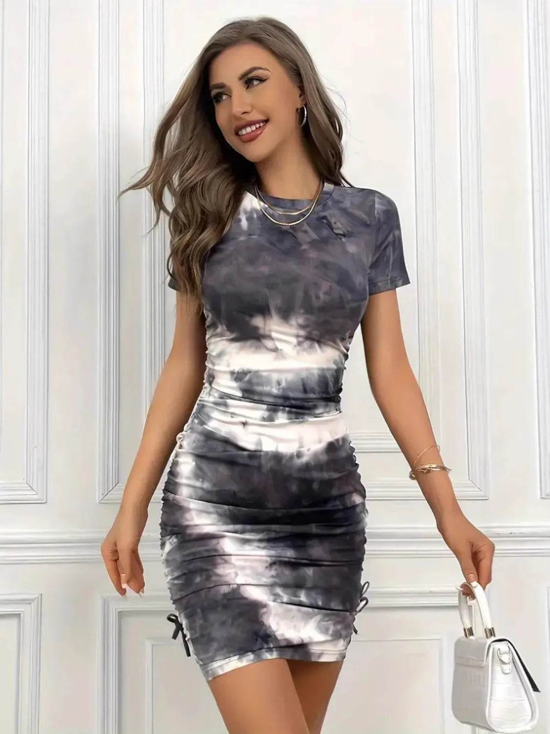 Drawstring Tie-Dye Round Neck Short Sleeve Dress - Bona Fide Fashion