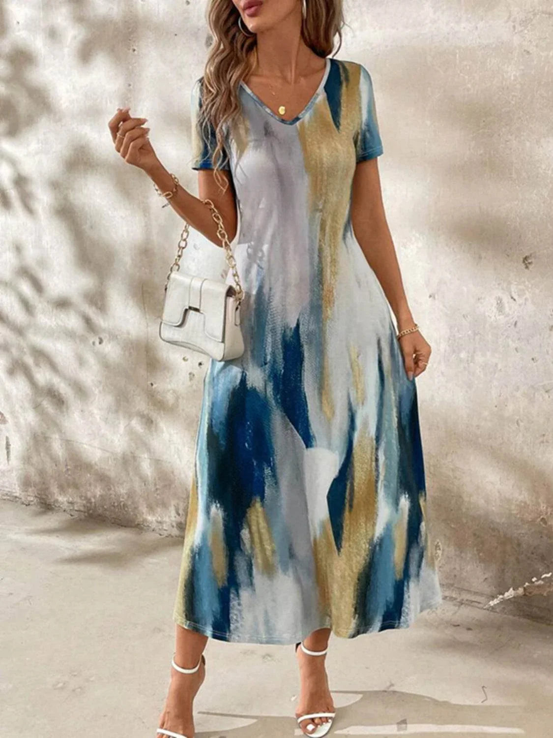 Tie-Dye V-Neck Short Sleeve Midi Tee Dress - Bona Fide Fashion