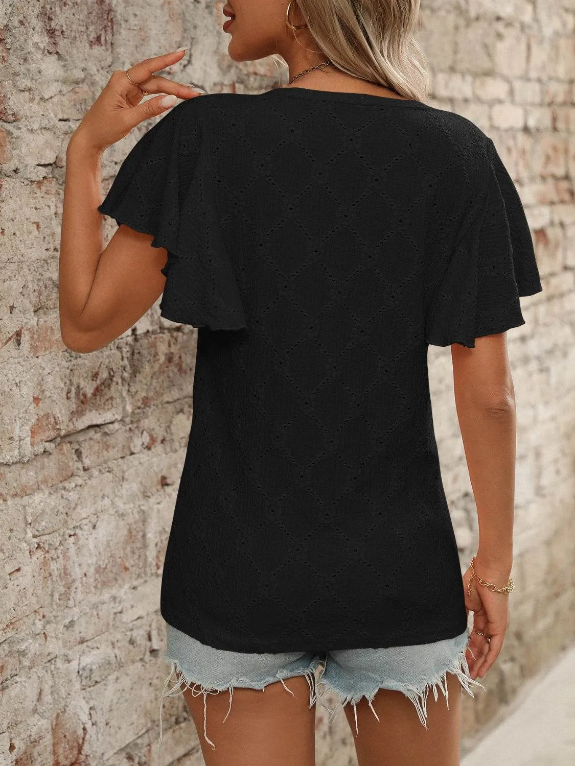 Eyelet Round Neck Flutter Sleeve Top - Bona Fide Fashion