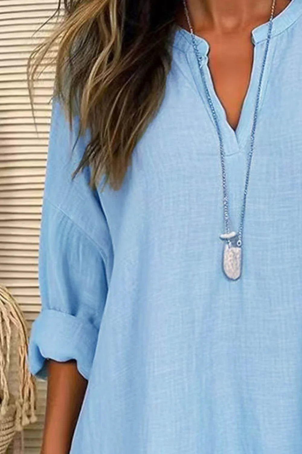 Solid Color Notched Long Sleeve Blouse - Bona Fide Fashion