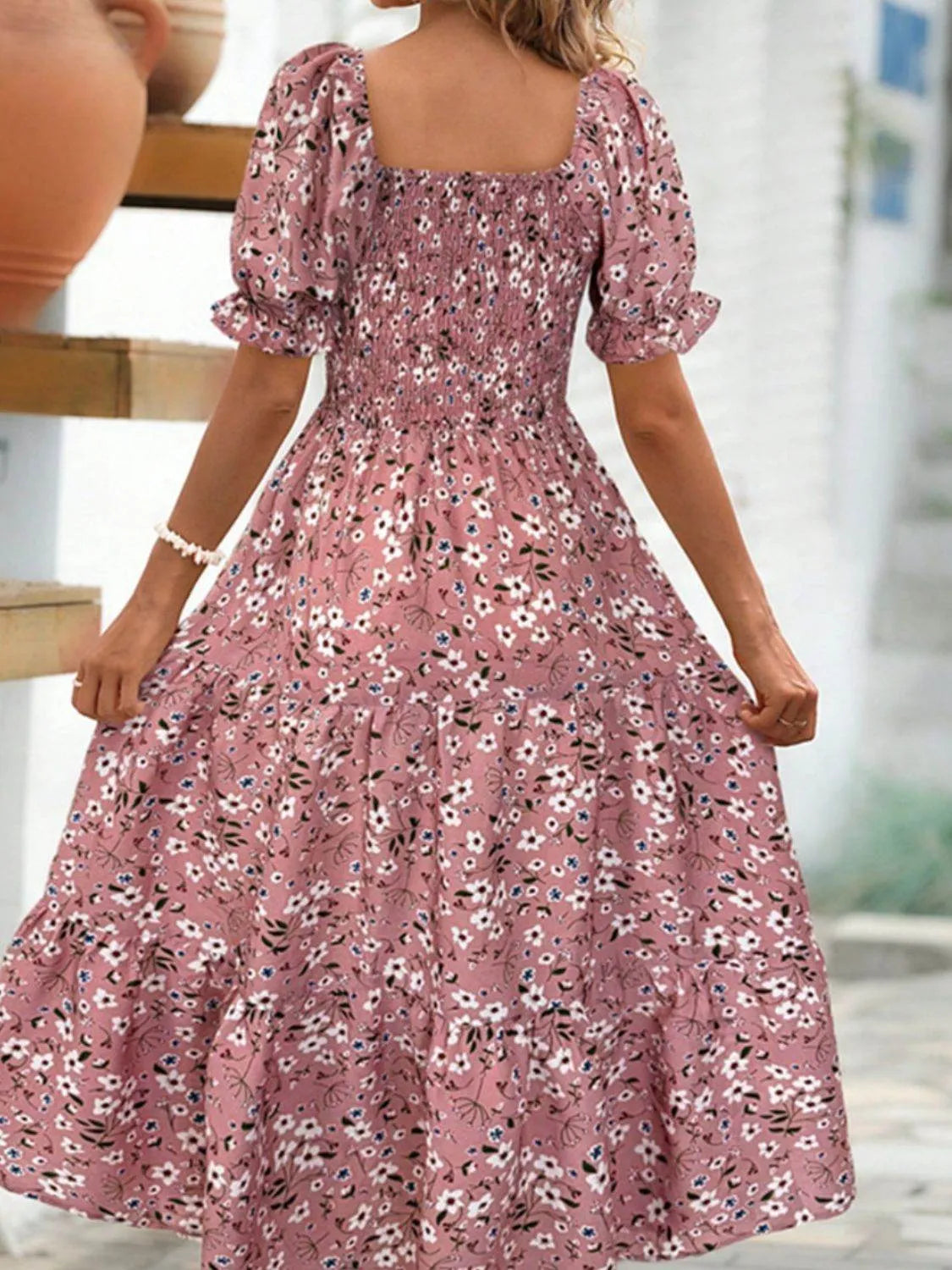 Floral Square Neck Short Sleeve Tiered Dress - Bona Fide Fashion