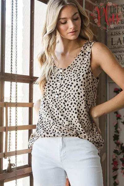 Heimish Full Size Front Button Animal Print Sleeveless Top Plus Size - Bona Fide Fashion