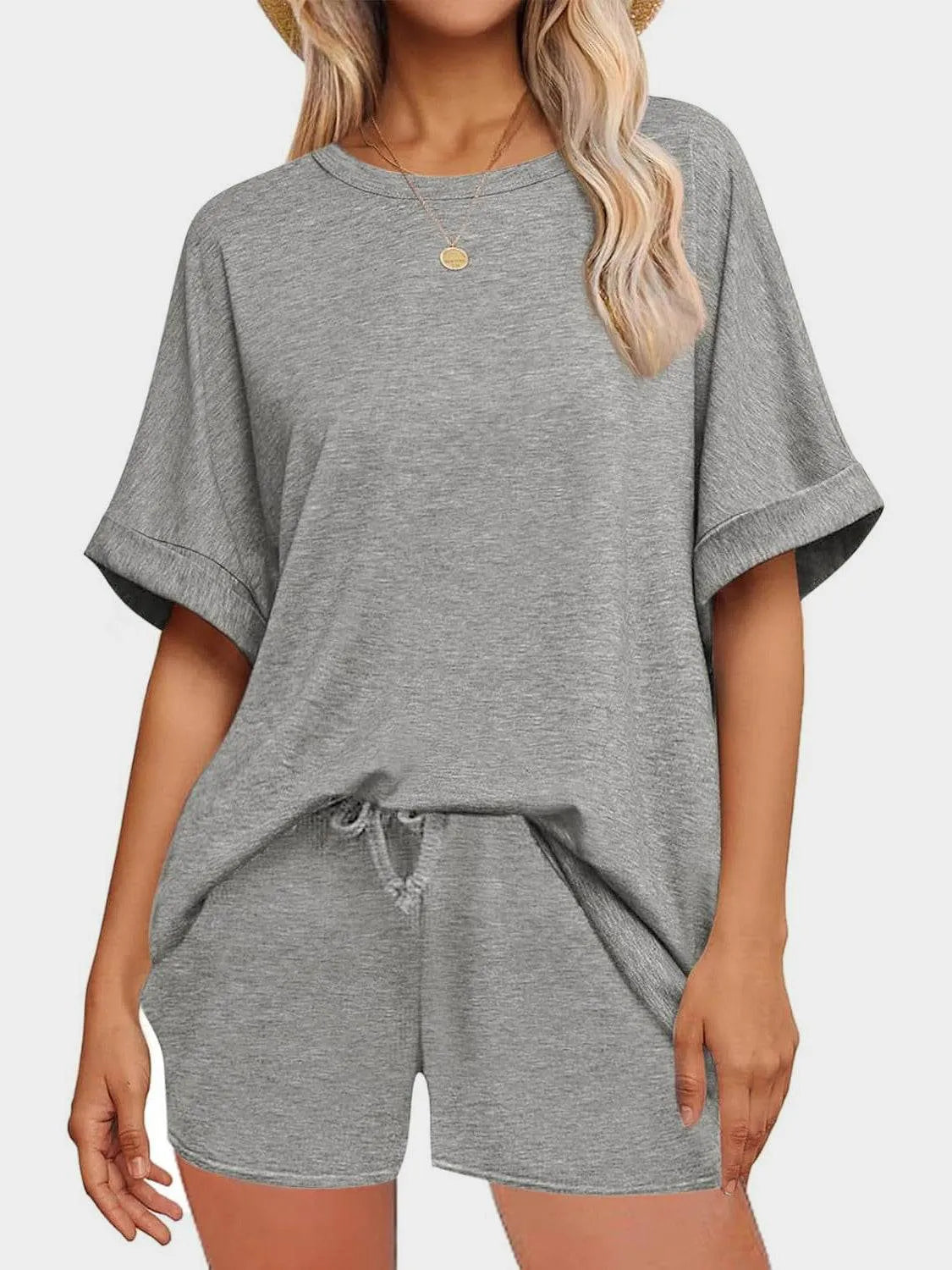 Round Neck T-Shirt and Drawstring Shorts Set - Bona Fide Fashion