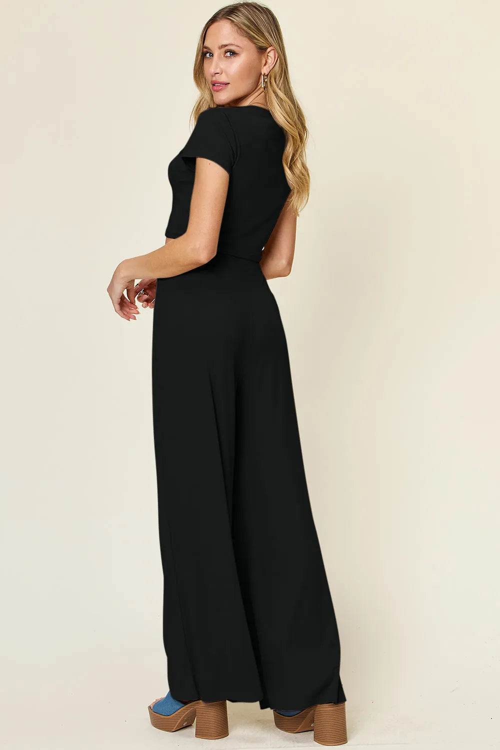 Double Take Full Size Round Neck Top and Pants Set - Bona Fide Fashion