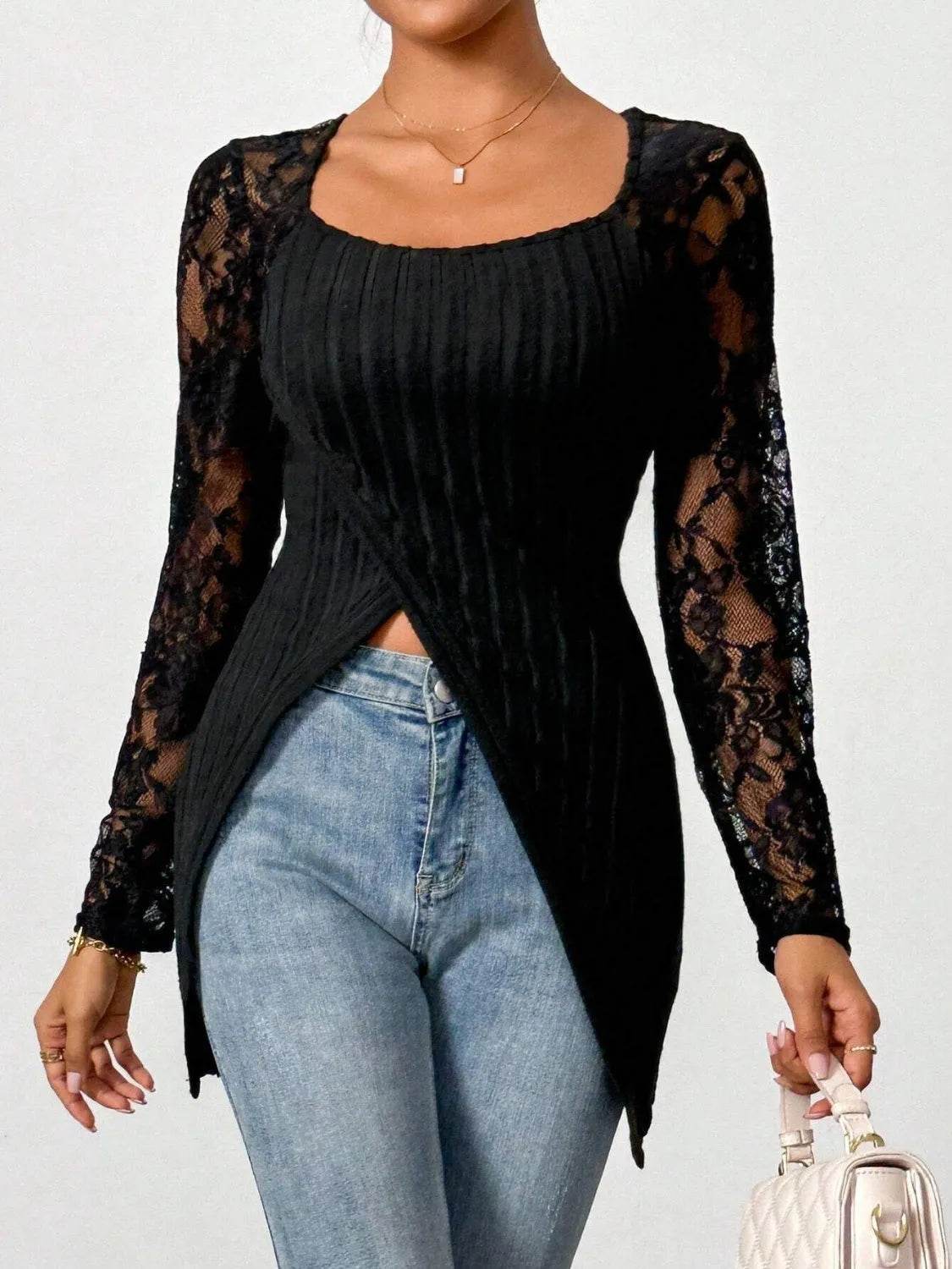 Square Neck Lace Patchwork Long Sleeve T-Shirt - Bona Fide Fashion