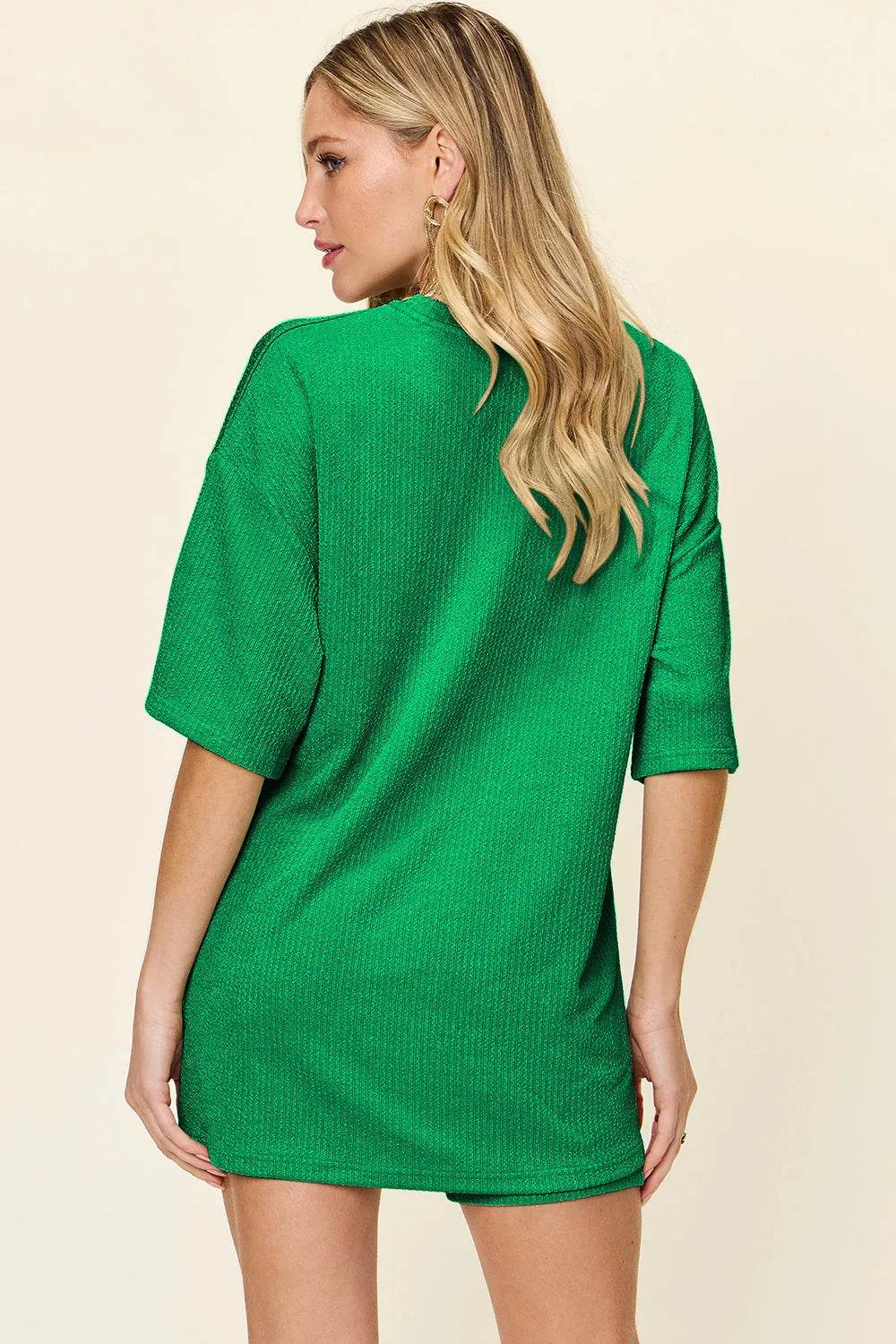 Double Take Full Size Texture Round Neck Drop Shoulder T-Shirt and Shorts Set - Bona Fide Fashion