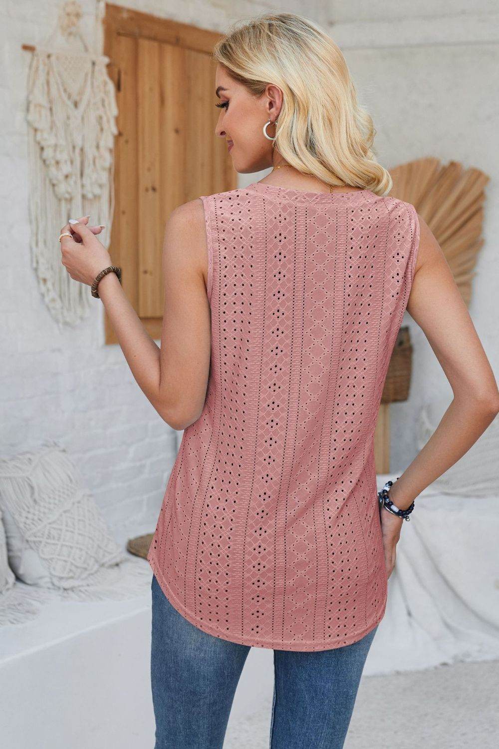 Eyelet Decorative Button V-Neck Tank - Bona Fide Fashion