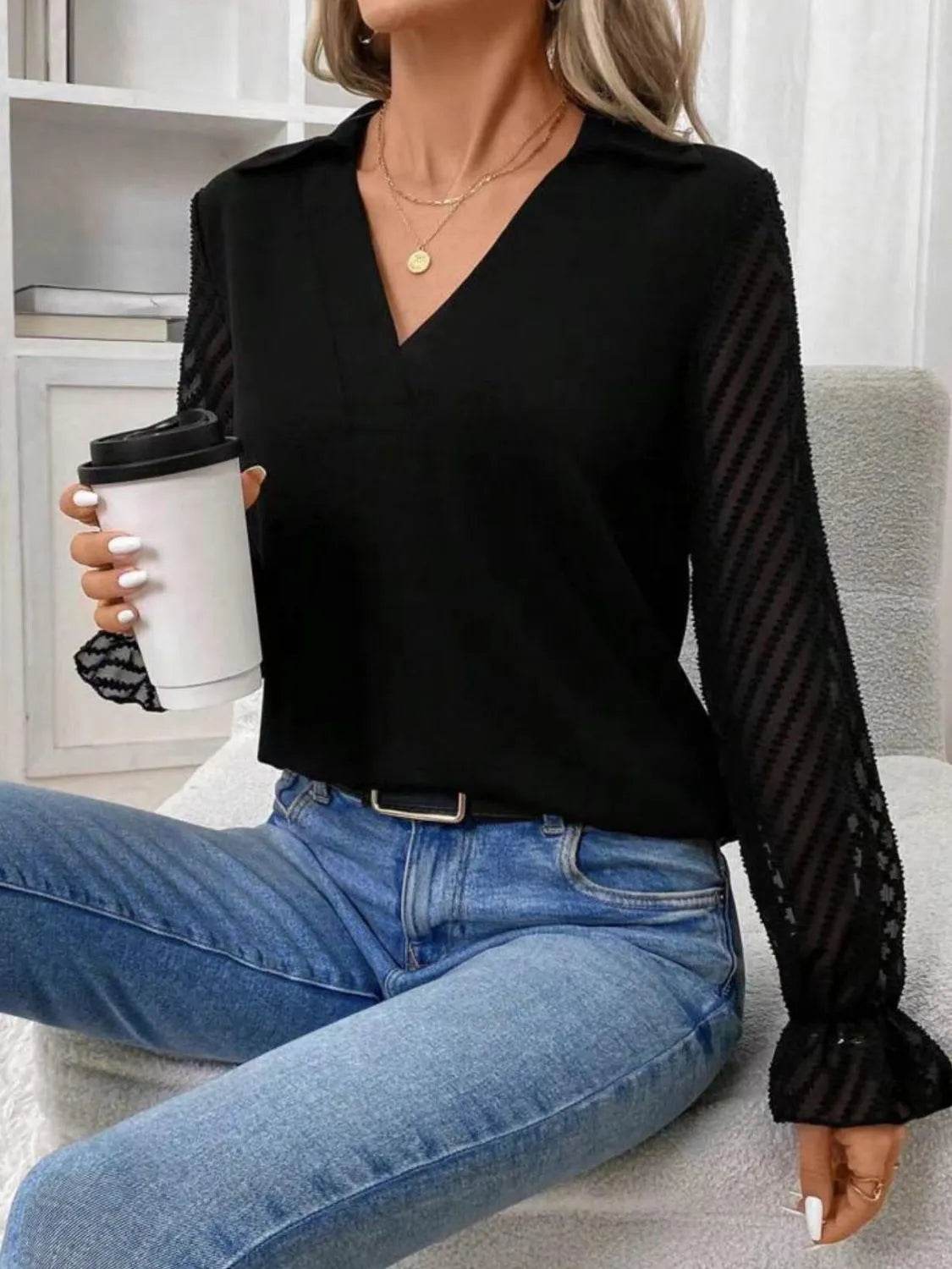 V-Neck Flounce Sleeve Blouse - Bona Fide Fashion