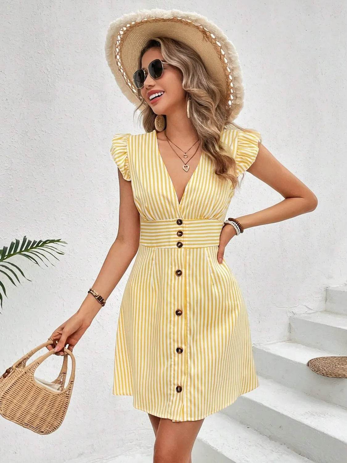Striped Button Front Cap Sleeve Dress - Bona Fide Fashion