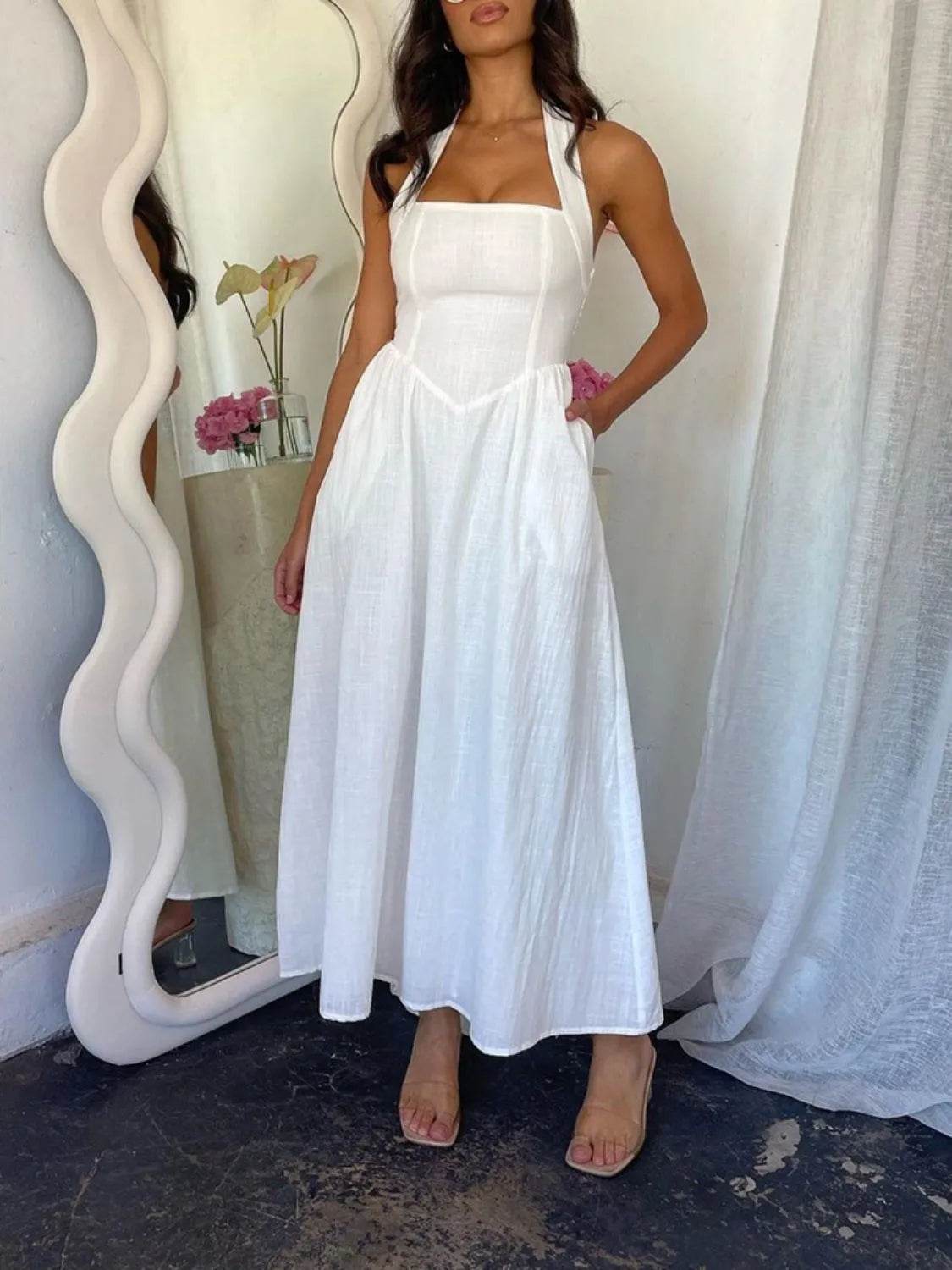 Devine Ruched Halter Neck Midi Dress - Bona Fide Fashion