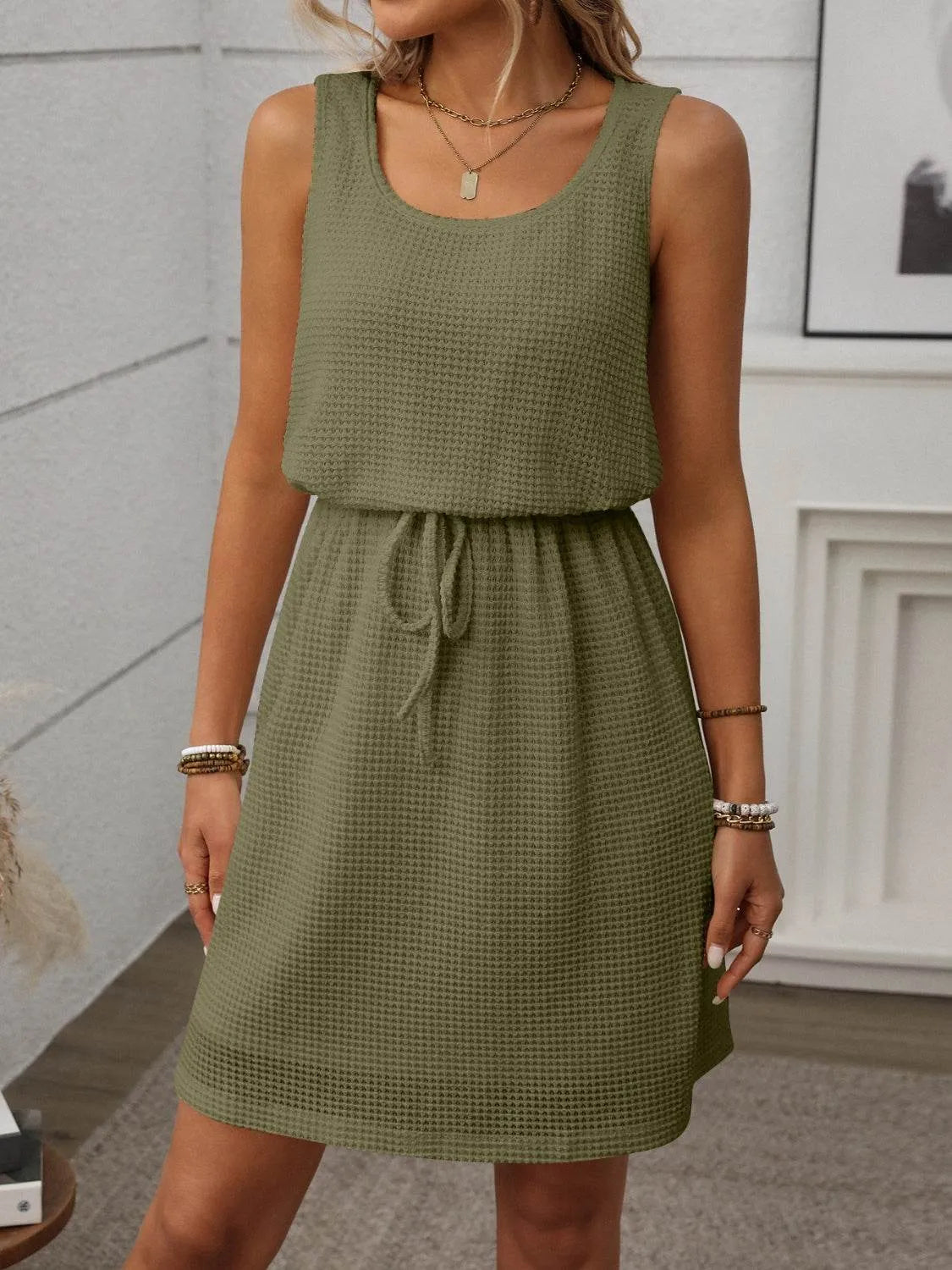 Waffle-Knit Drawstring Mini Tank Dress - Bona Fide Fashion