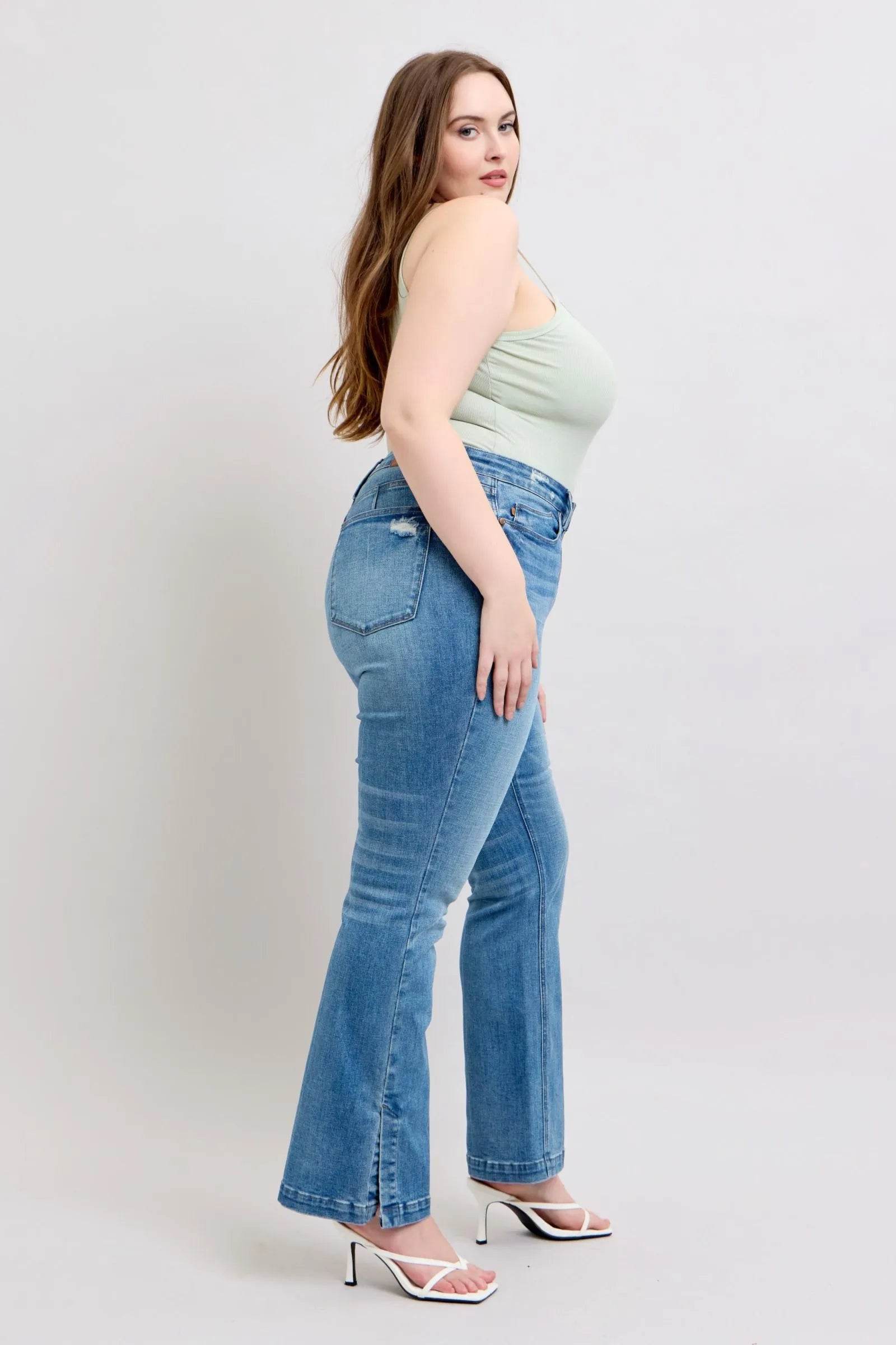 Judy Blue HW Tummy Control Vintage Wash Side Slit Slim Boot Jeans - Bona Fide Fashion