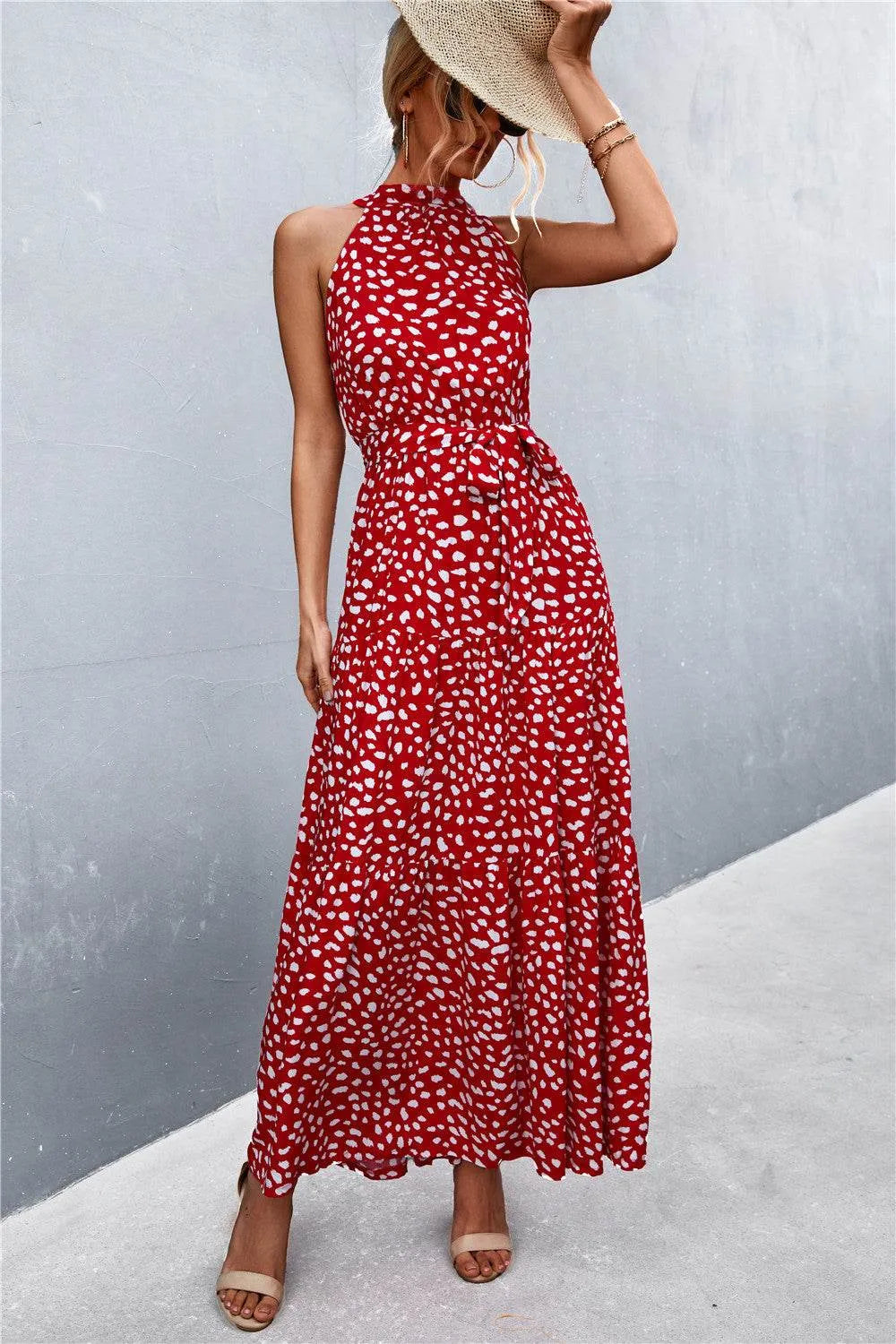 Printed Sleeveless Tie Waist Maxi Dress - Bona Fide Fashion