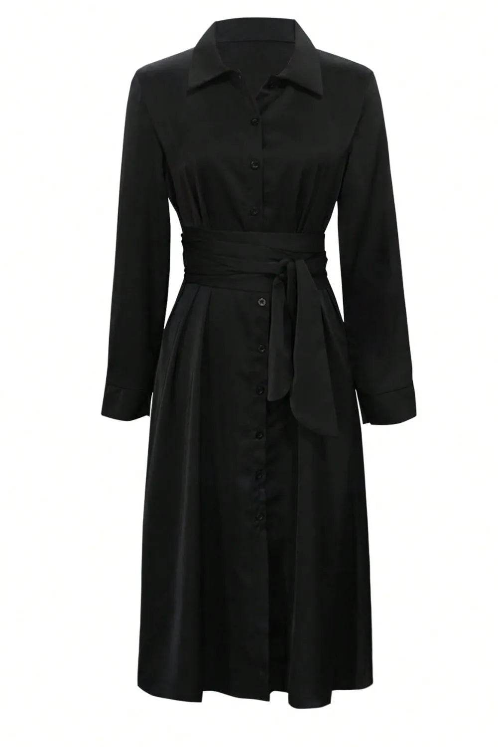 Collared Neck Long Sleeve Midi Shirt Dress - Bona Fide Fashion