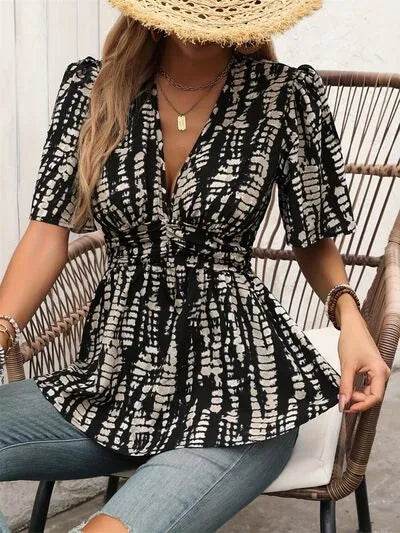Printed V-Neck Half Sleeve Blouse - Bona Fide Fashion