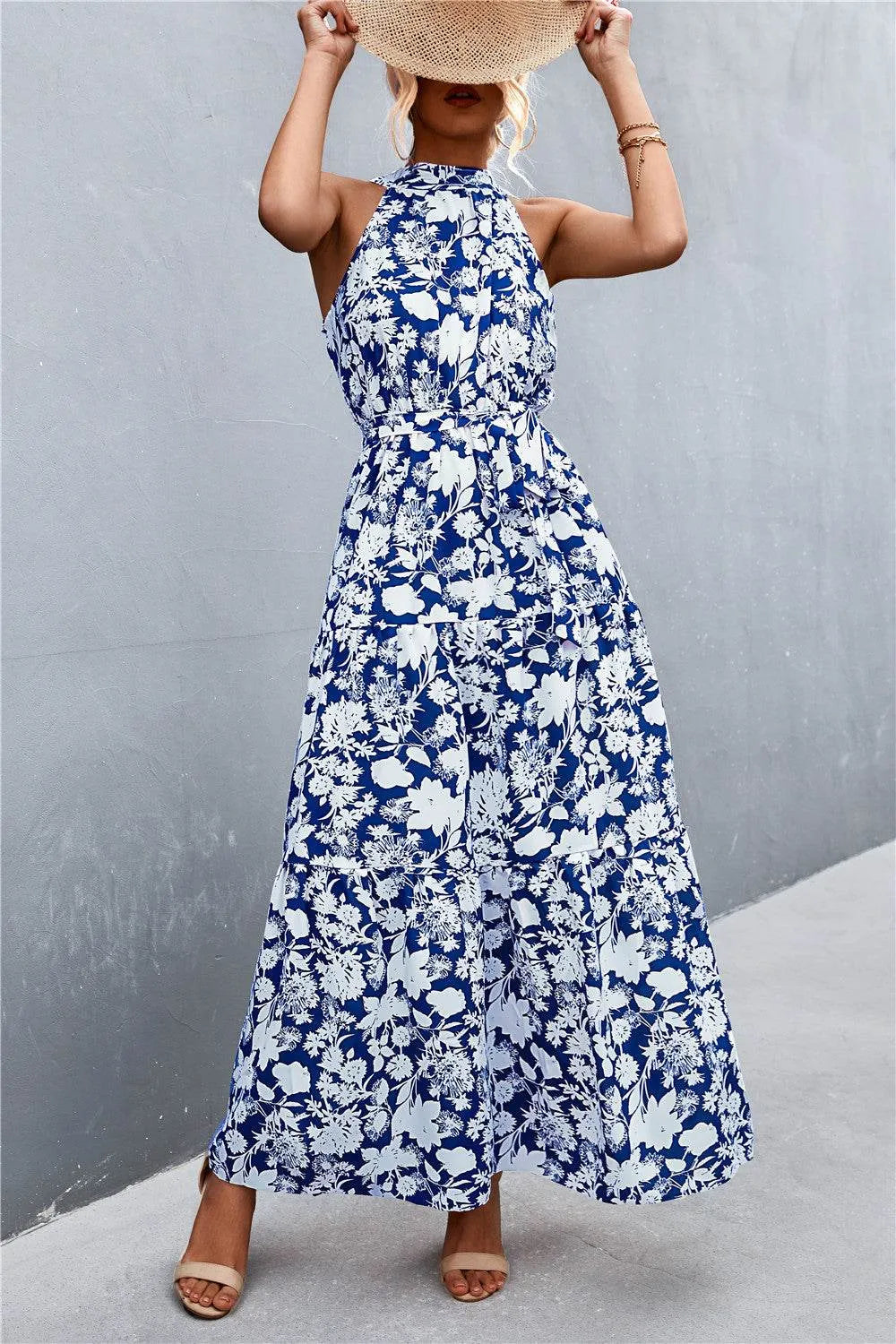 Printed Sleeveless Tie Waist Maxi Dress - Bona Fide Fashion