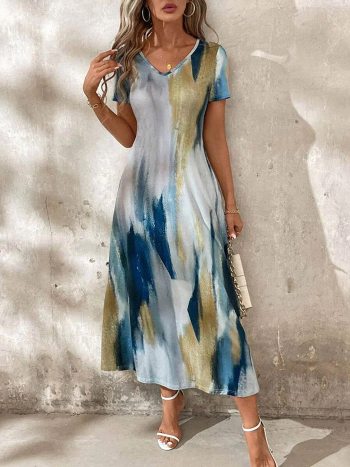 Tie-Dye V-Neck Short Sleeve Midi Tee Dress - Bona Fide Fashion